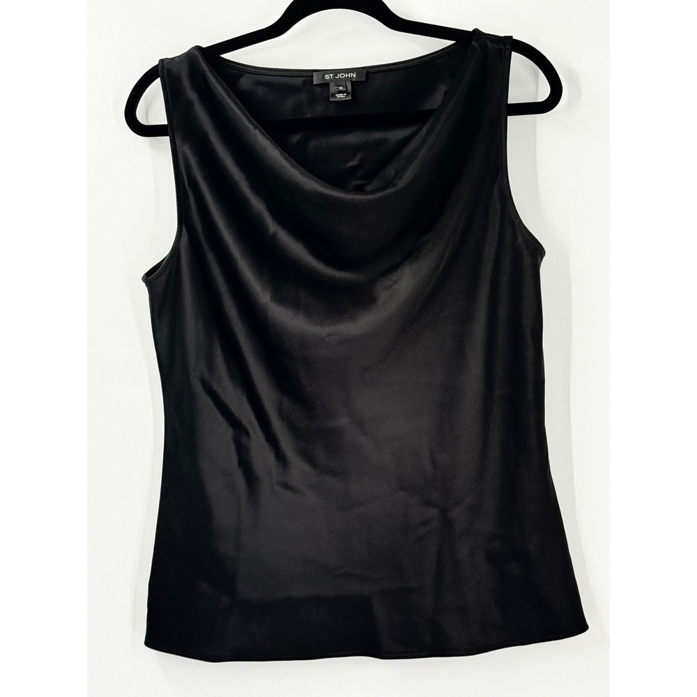 St John Cowl Neck Tank Top Womens sz M Black Satin elegant drape quiet luxury